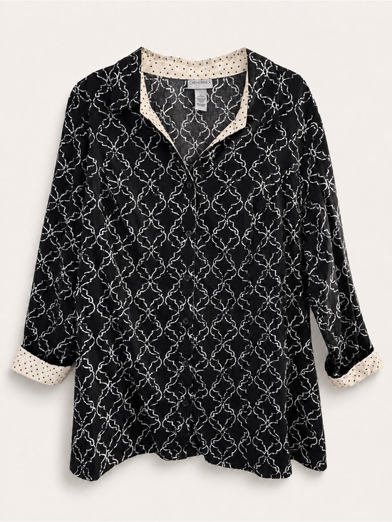 Catherines Tops - Women’s Catherines Black&White Geometric Button Down Blouse 97% Cotton, Plus 3X